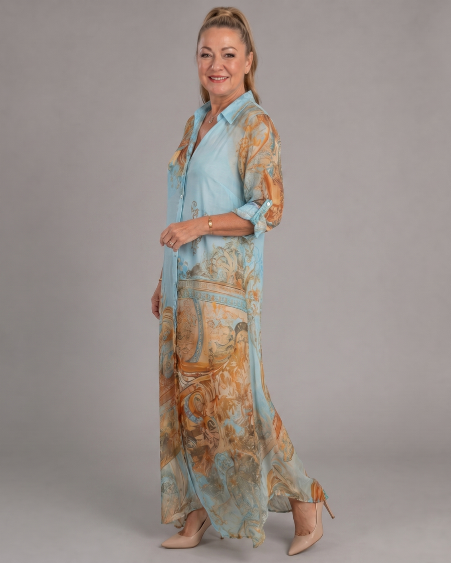Azmira | Baroque Print Button Front Flowing Maxi Dress