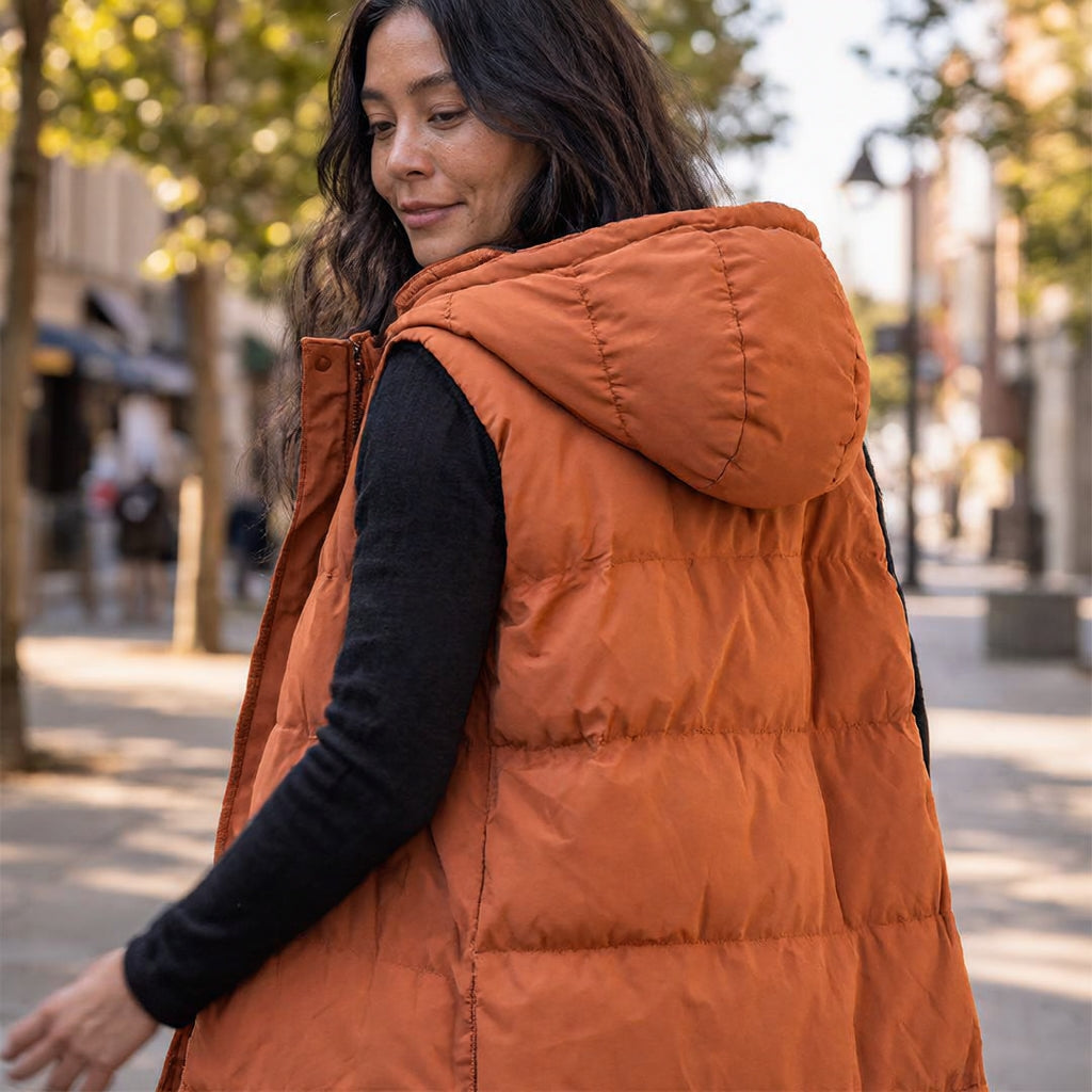 Women's Puffer Vest Quilted Hooded Maxi Length Button Down