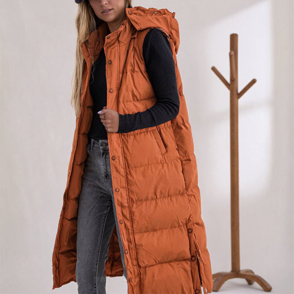 Women's Puffer Vest Quilted Hooded Maxi Length Button Down