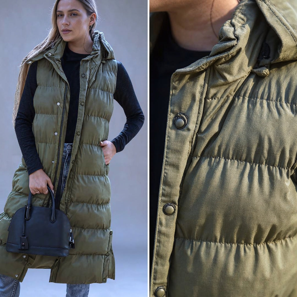 Women's Puffer Vest Quilted Hooded Maxi Length Button Down
