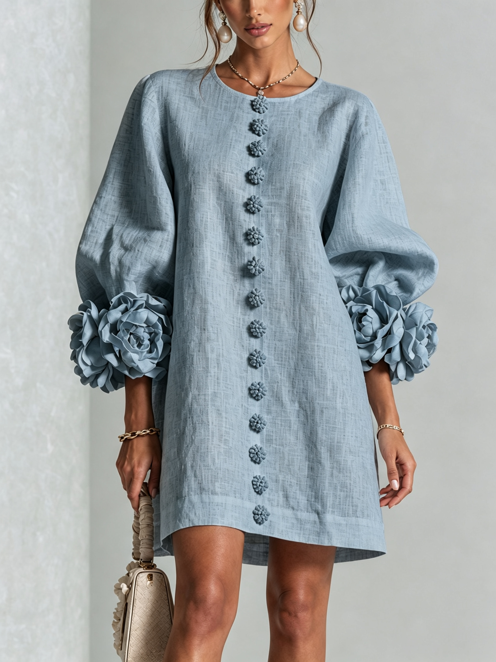 Floral Button-down Mini Dress With Striking Floral Cuffs